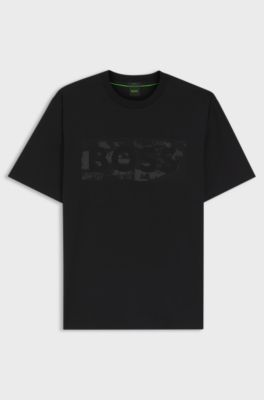 T-Shirt aus Stretch-Baumwolle mit Logo-Artwork, Schwarz