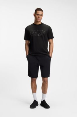 T-Shirt aus Stretch-Baumwolle mit Logo-Artwork, Schwarz