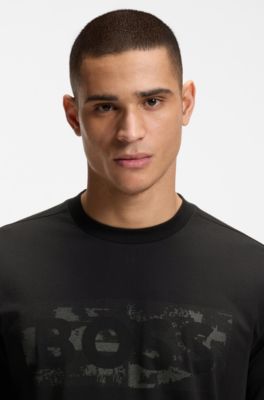 T-Shirt aus Stretch-Baumwolle mit Logo-Artwork, Schwarz