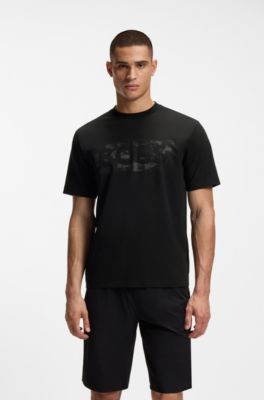 T-Shirt aus Stretch-Baumwolle mit Logo-Artwork, Schwarz