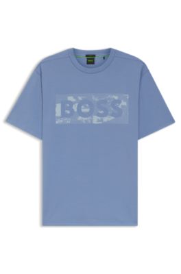 Stretch-cotton T-shirt with logo artwork, Light Blue
