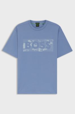 T-shirt in cotone elasticizzato con grafica con logo, Celeste