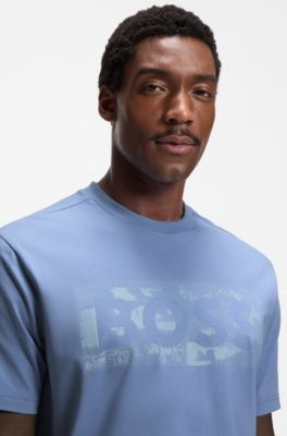 T-shirt in cotone elasticizzato con grafica con logo, Celeste