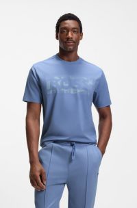 Stretch-cotton T-shirt with logo artwork, Light Blue