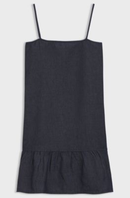 Jurk in denim van een katoenmix met spaghettibandjes, Donkerblauw