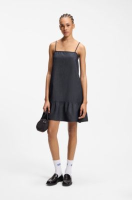 Spaghetti-strap dress in cotton-blend denim, Dark Blue