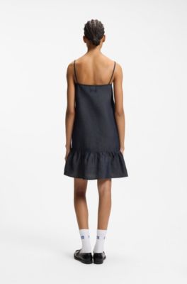 Spaghetti-strap dress in cotton-blend denim, Dark Blue