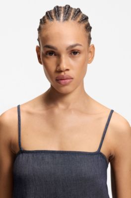 Spaghetti-strap dress in cotton-blend denim, Dark Blue