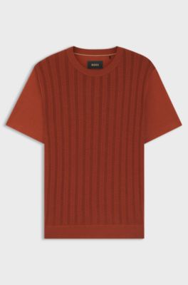 T-Shirt aus Baumwolle und Seide mit Zopfmuster auf der Vorderseite, Braun