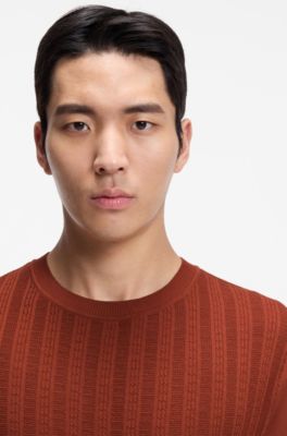 Cotton-silk T-shirt with cable-knit front panel, Brown