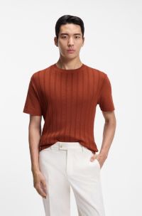 Cotton-silk T-shirt with cable-knit front panel, Brown