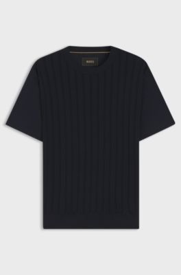 T-shirt van katoenen zijde met kabelgebreid voorpaneel, Donkerblauw