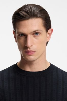 T-shirt van katoenen zijde met kabelgebreid voorpaneel, Donkerblauw