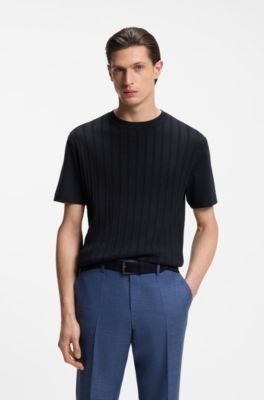 T-shirt van katoenen zijde met kabelgebreid voorpaneel, Donkerblauw