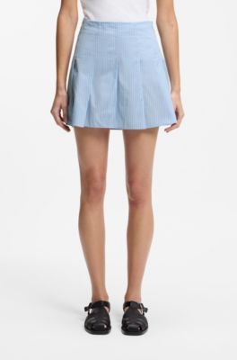 Pleated mini skirt in striped cotton poplin, Light Blue Stripes