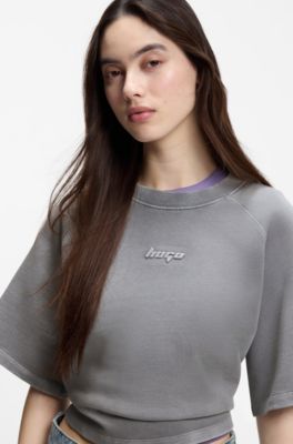 T-shirt relaxed fit in spugna di cotone con logo goffrato, Grigio chiaro