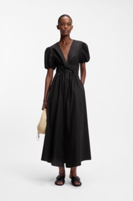 Maxi dress in cotton with twist front, Black