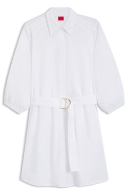 Cotton-poplin shirt dress with buckled belt, White