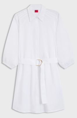 Cotton-poplin shirt dress with buckled belt, White