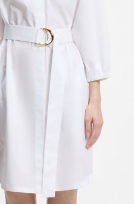 Cotton-poplin shirt dress with buckled belt, White