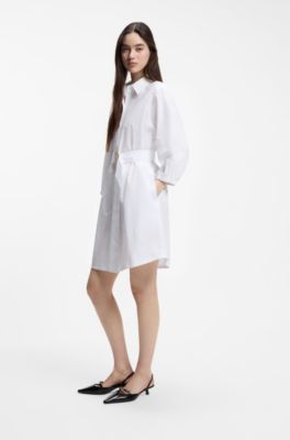 Cotton-poplin shirt dress with buckled belt, White