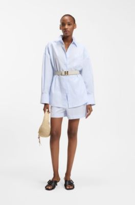 Oversized-fit blouse in striped cotton poplin, Light Blue Stripes