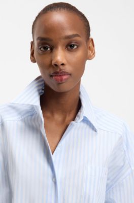 Oversized-fit blouse in striped cotton poplin, Light Blue stripes