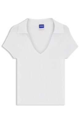 Short-sleeved sweater in stretch fabric with polo collar, White