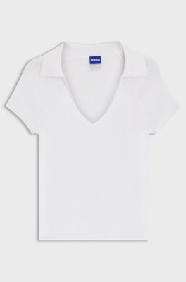 Short-sleeved sweater in stretch fabric with polo collar, White