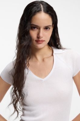 Short-sleeved sweater in stretch fabric with polo collar, White