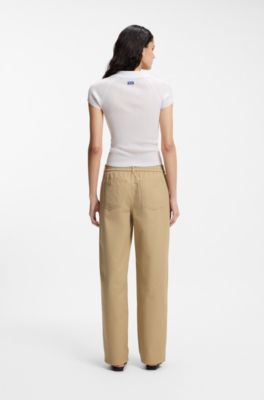 Short-sleeved sweater in stretch fabric with polo collar, White