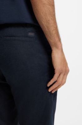 Pantaloni in misto lino con dettaglio logo, Blu scuro