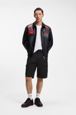 HUGO x RB stretch-cotton shorts with bull motif, Black