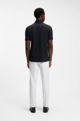 Mercerised-cotton polo shirt with vertical stripes, Dark Blue