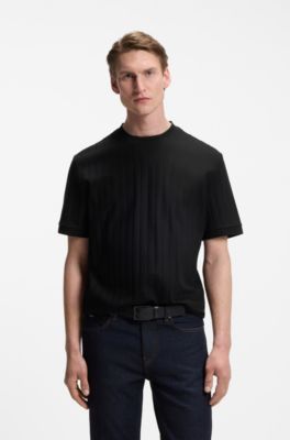 Mercerised-cotton T-shirt with structured stripes, Black