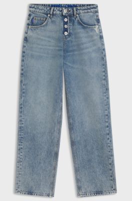 Jean coupe ample en denim bleu avec braguette apparente, bleu clair