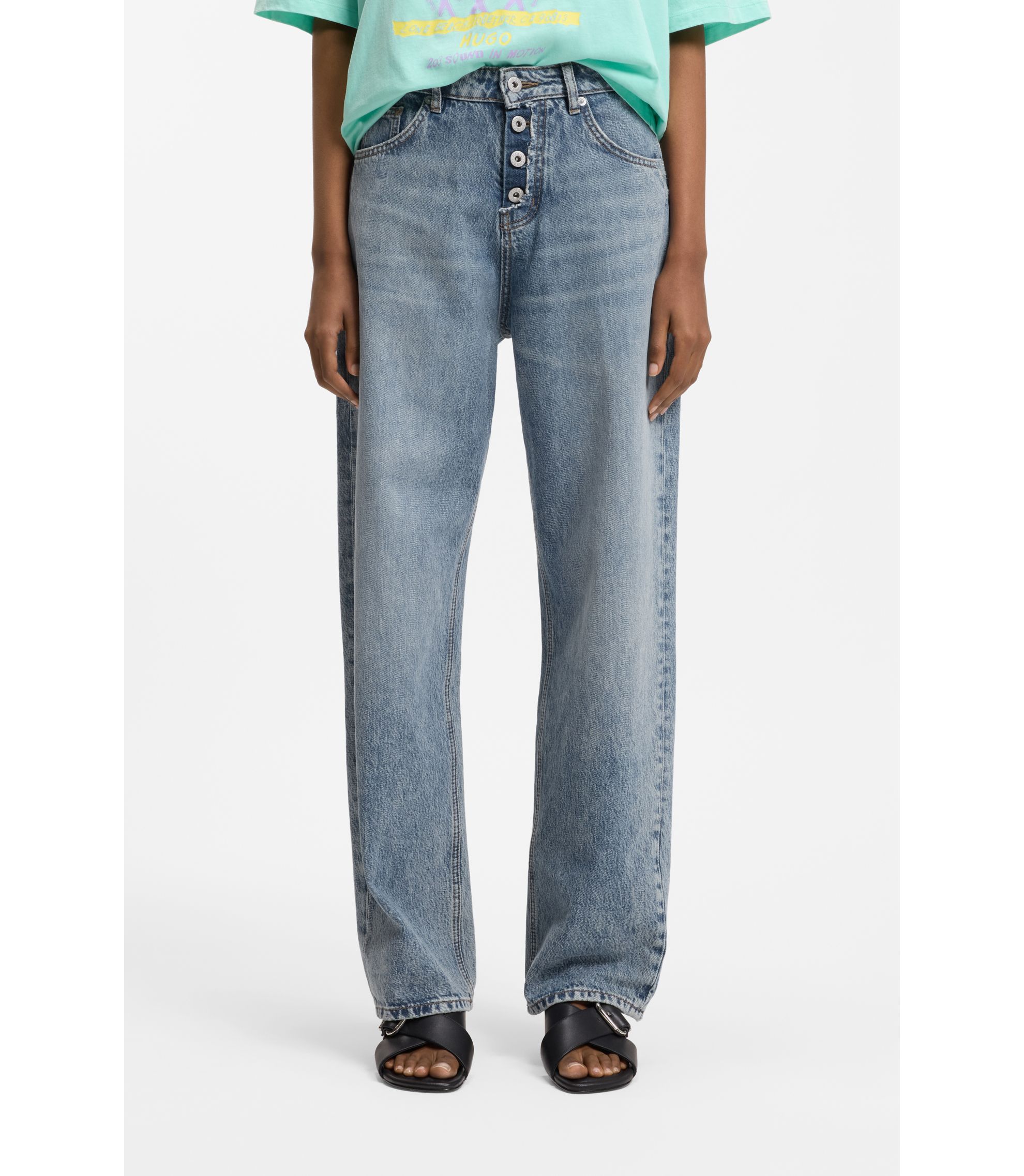 Loose-Fit Jeans aus blauem Denim mit sichtbarem Reißverschluss
