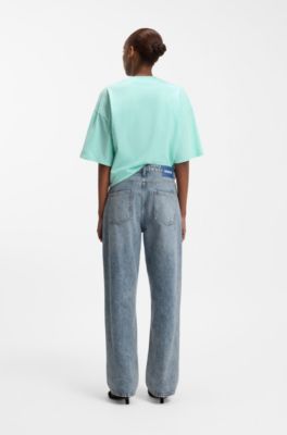 Jeans dalla vestibilit&agrave; comoda in denim blu con patta a vista, Celeste