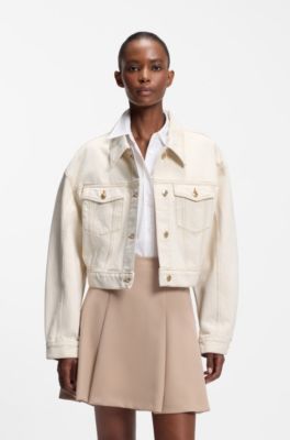 Veste coupe d&eacute;contract&eacute;e en denim &eacute;cru lav&eacute;, Blanc
