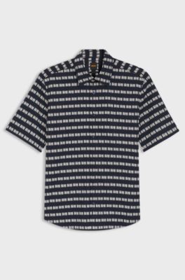 Regular-fit shirt in printed cotton poplin, Blue Patterned