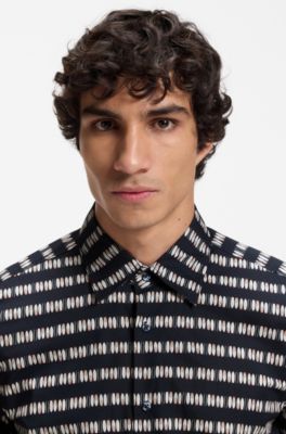 Regular-fit shirt in printed cotton poplin, Blue Patterned