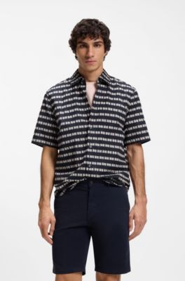 Regular-fit shirt in printed cotton poplin, Blue Patterned