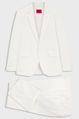 Three-piece extra-slim-fit suit in stretch-cotton seersucker, White