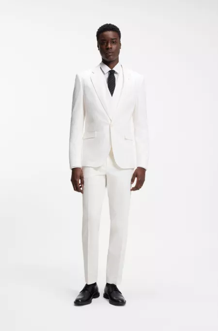 Three-piece extra-slim-fit suit in stretch-cotton seersucker