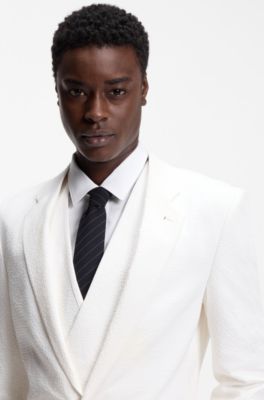 Three-piece extra-slim-fit suit in stretch-cotton seersucker, White