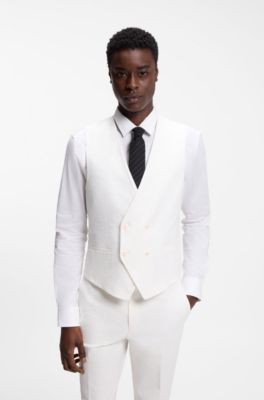 Three-piece extra-slim-fit suit in stretch-cotton seersucker, White