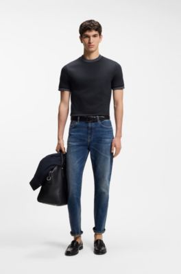 Slim-fit T-shirt van gemerceriseerde katoen met contrasterende randen, Donkerblauw