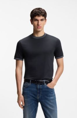 シルケットコットン スリムフィットTシャツ コントラストティッピング, ダークブルー