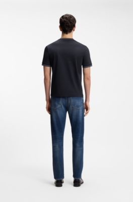 Mercerised-cotton slim-fit T-shirt with contrast tipping, Dark Blue