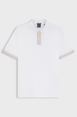 Mercerised-cotton polo shirt with striped trims, White
